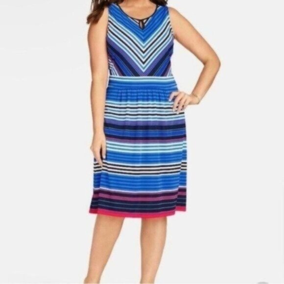 Talbots Blue Striped Sleeveless Fit and Flare Summer Dress - Picture 1 of 6